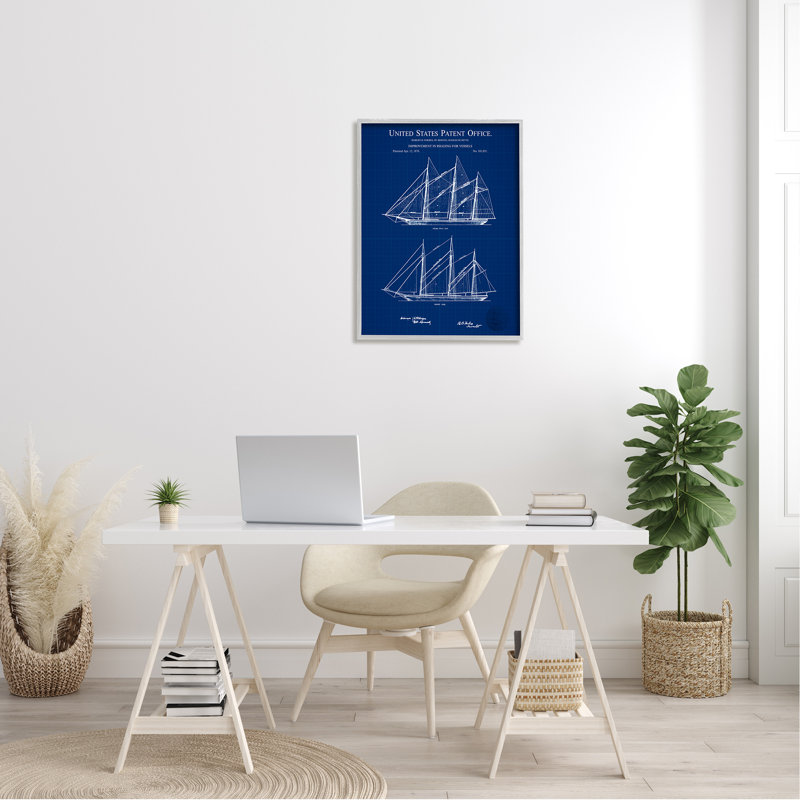 Schéma détaillé de brevet de bateau bleu, L 24 po x H 24 po, Estampe numérique Farmhouse