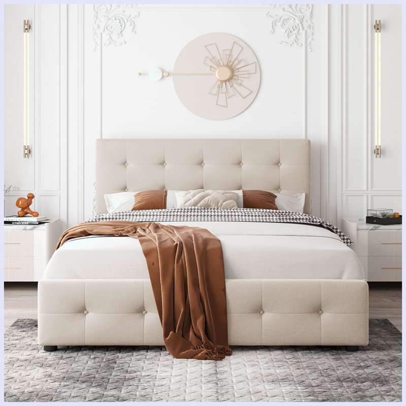 Lit plateforme tapissier moderne avec tête de lit et 4 tiroirs, Beige