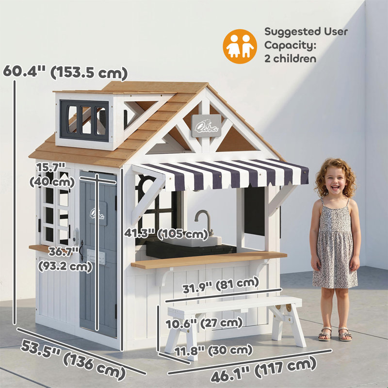 Outdoor Playhouse, Wooden Kids Playhouse with Dog Door for Garden