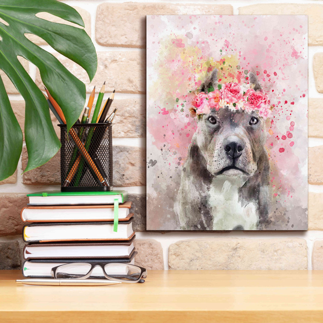 Flower Crown Pit Bull by Furbaby Affiliates - Wrapped Canvas Painting Red Barrel Studio® 