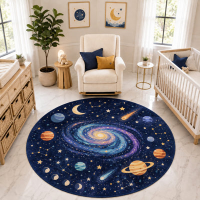 Tapis rond « ultra-fin » 183 x 183 cm, motif planètes et galaxie en spirale, doux et à poils courts, avec envers antidérapant en silicone, idéal pour la chambre d'enfant, la salle de jeux ou la chambre à coucher.
