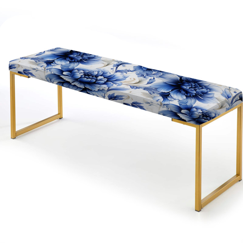 Banc floral rembourré or, Dahlia orné beige et bleu damassé II 