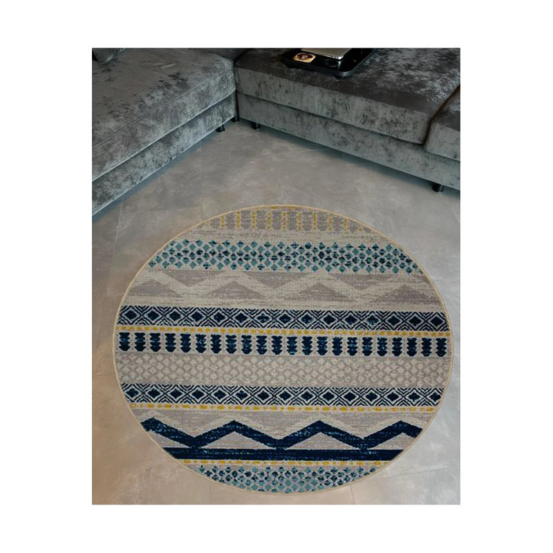 Woven Base Decorative Carpet With Shapes In Grey And Navy Blue Tones, Round 5'