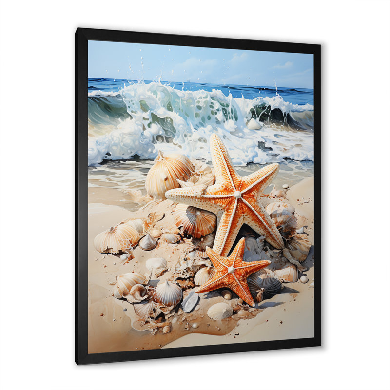 Étoile de mer sur la plage I - art mural bord de mer tropical, H 20 po x l 12 po x P 1 po, Cadre simple noir