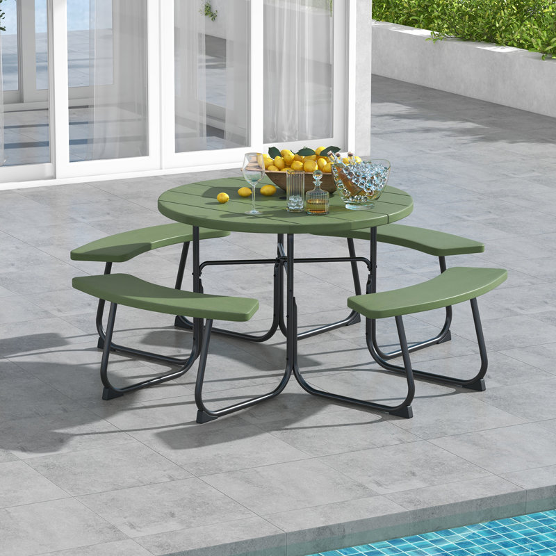 Outdoor Picnic Table Portable Picnic Table Bench w/ 4 Benches & Umbrella Hole Green, Green