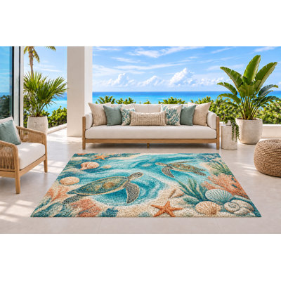 Tapis d'extérieur 5 pi x 7 pi, tortues de mer nageant avec des étoiles de mer et des coquillages, tapis à boucle en PVC imperméable, tapis de patio robuste à séchage rapide pour porche, terrasse, balcon, entrée