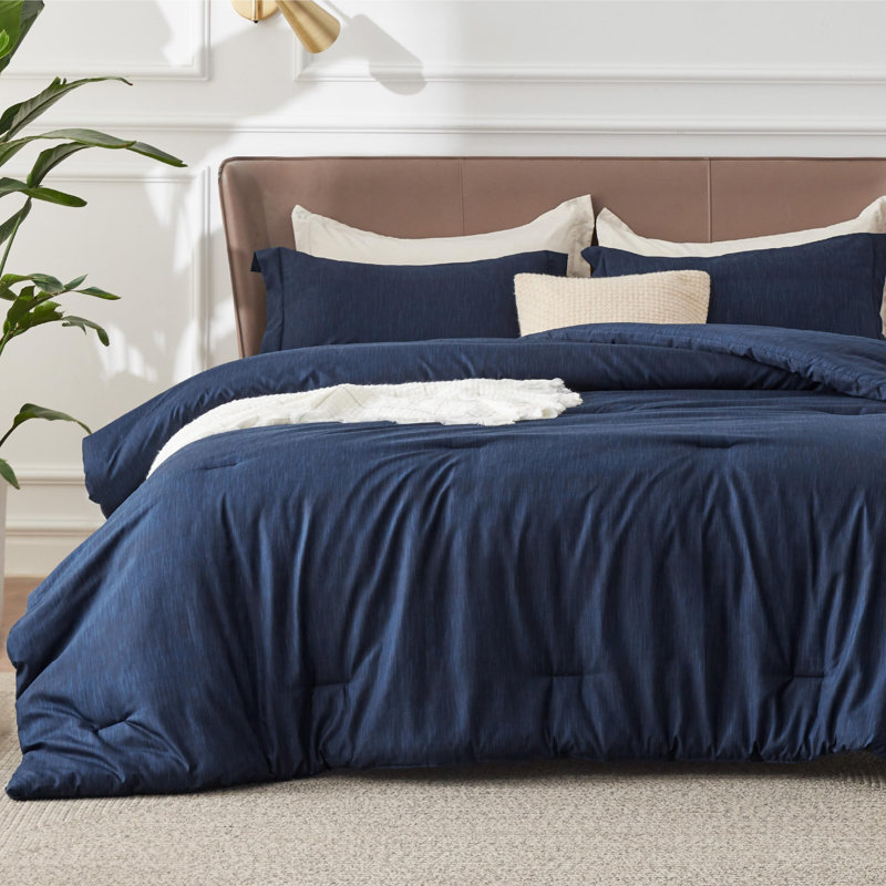 Bedsure Cationic Dyed Printed Comforter Set, Queen Comforter + 2 Standard Shams, Navy