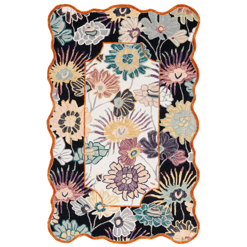 Jaiprkesh Hand Tufted Wool/Cotton Floral Rug in Black/Ivory, Rectangle 3' x 5'