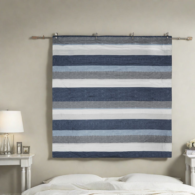 Ensembles de literie à rayures modernes, polyester hypoallergénique, design décontracté bleu / gris pour très grand lit californien