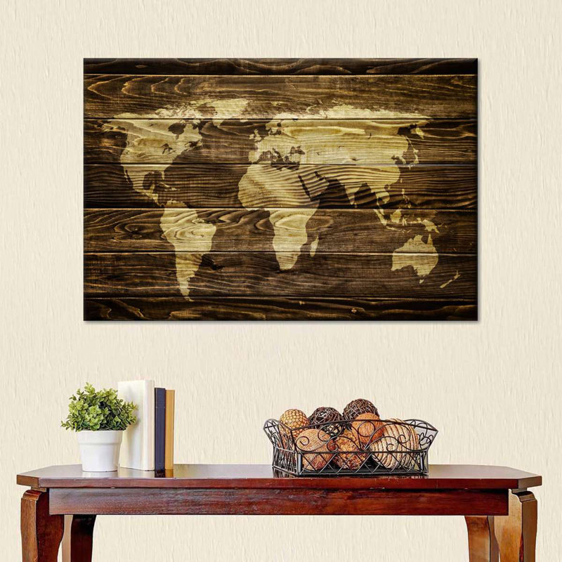 Impression sur toile carte du monde en bois foncé, H 34 po x l 51 po x P 1,25 po