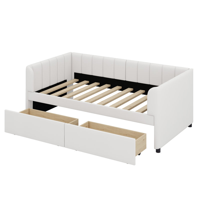 Lit de jour rembourré avec dossier ergonomique et 2 tiroirs, Beige