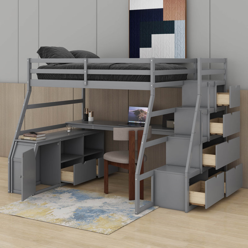 Lit mezzanine double avec tiroirs, tablettes et bureau, gris