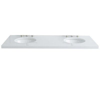 61 po. Comptoir en quartz blanc avec deux lavabos ovales en céramique blanche