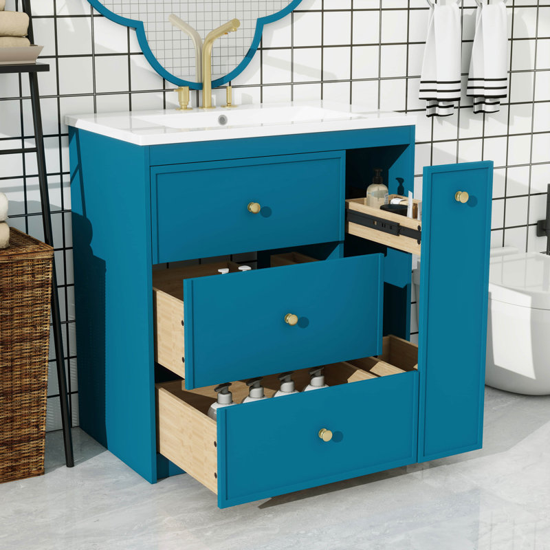 Ensemble de meuble-lavabo 30 po avec lavabo en céramique, ensemble de meuble-lavabo simple autoportant avec quatre tiroirs, unité de rangement de salle de bain moderne