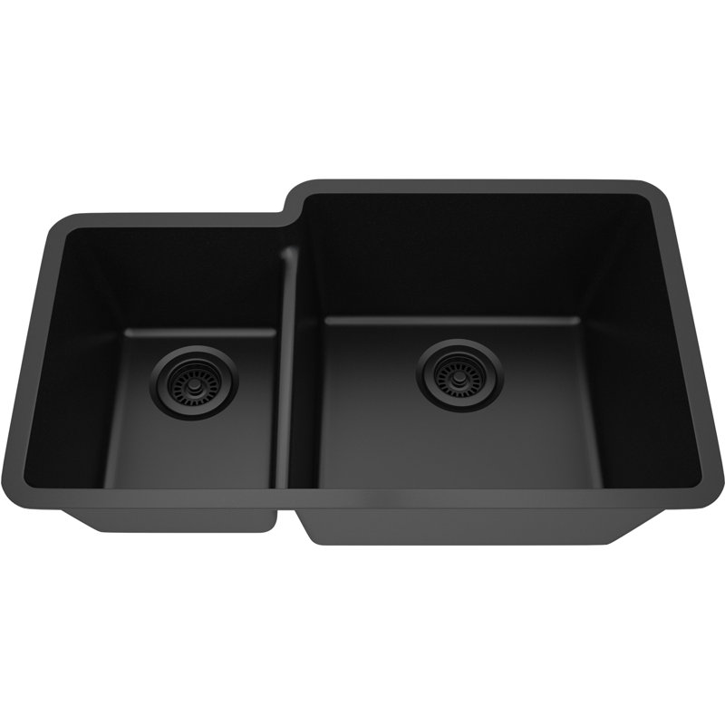 32" x 19" Quartz Kitchen Sink, 40/60 Double Bowl Sink, Drop-in Sink, Undermount Sink, Granite Kitchen Sink, with 2 Steel Grids and Basket Strainer, Disposal Flange