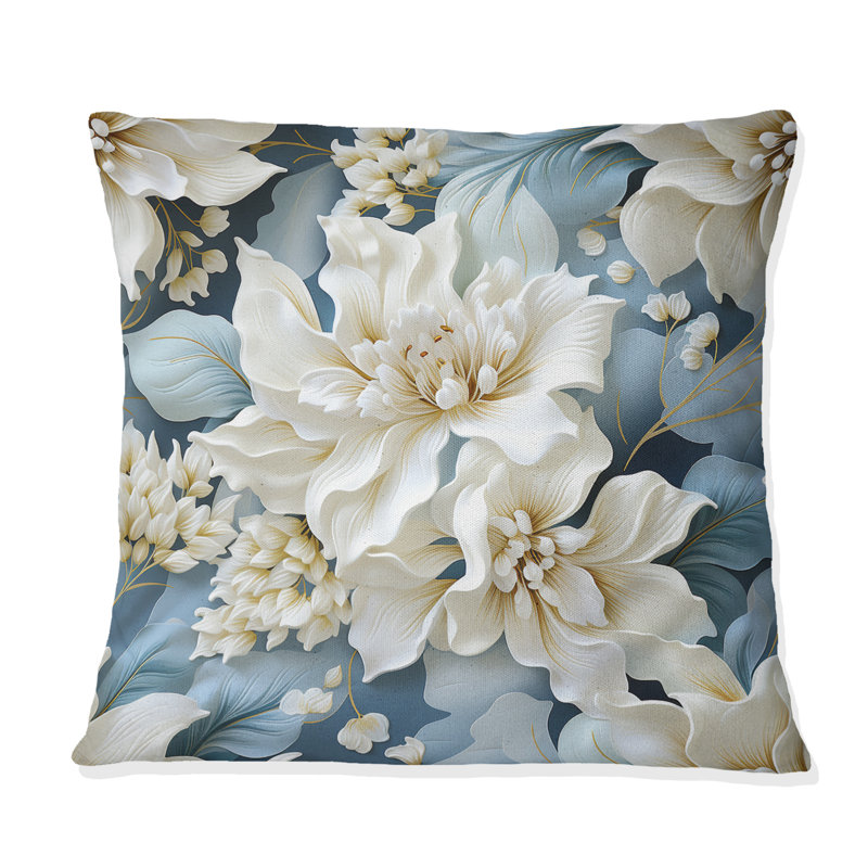 Coussin décoratif en polyester damassé blanc et bleu Misty, H 16 po x l 16 po