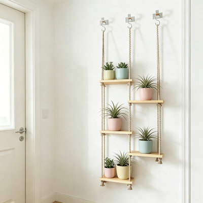 Floating Plant Shelves For Windows - 5 Tier Wood Wall Shelf With Cotton Rope, Space Saving Plant Hanger For Indoor Herb Garden, Boho Home Decor Living Room Bedroom