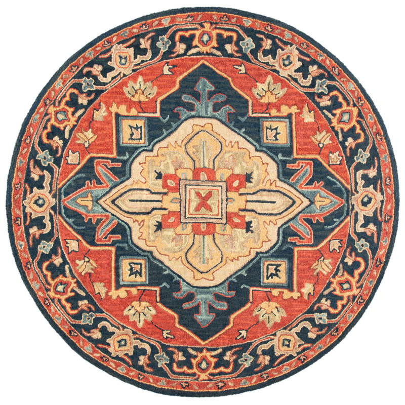 Bluffs Hand Loomed Wool/Cotton/Latex Oriental Rug in Red/Navy, Round 6'