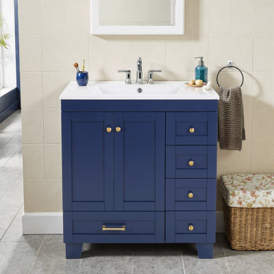 Meuble-lavabo de 30 po avec lavabo en céramique - Tiroirs à fermeture en douceur, structure en bois massif, tablettes réglables. Rangement Coastal-Chic pour petite salle de bain