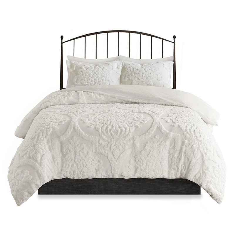Ensemble de housse de couette en chenille et en coton touffeté pour lit double / grand 3 pièces, Blanc cassé géométrique