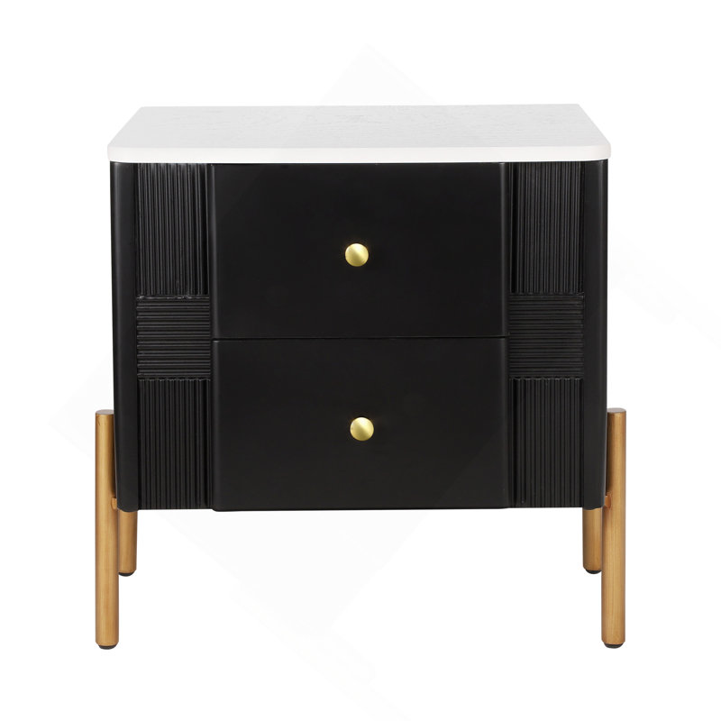 Danny Wooden Nightstand With 2 Storage Drawers & Metal Legs, Black