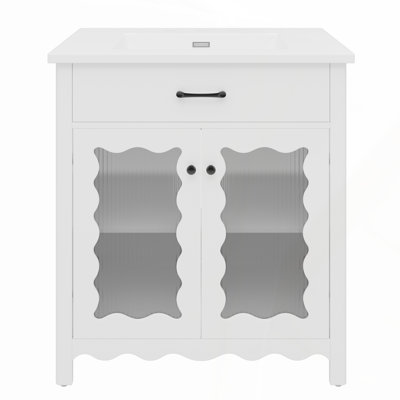 31 Inch Tempered Glass Bathroom Vanity with White Ceramic Sink, Spacious Storage, and Easy Maintenance