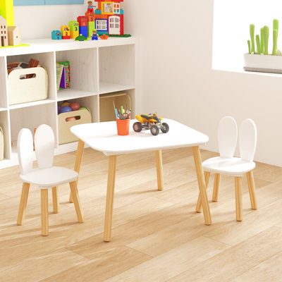Ensemble de table et 2 chaises pour enfants, ensemble de 3 pièces de table et de chaises pour tout-petits à thème de lapin pour enfants, ensemble de table de jeu en bois pour enfants avec pieds en bois massif