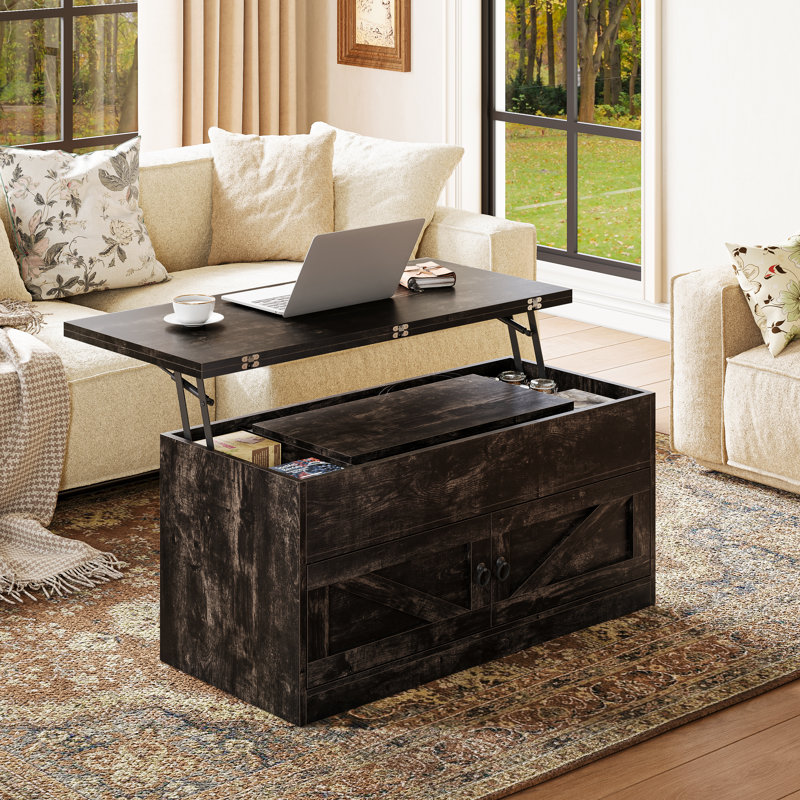 Table basse à plateau relevable avec rangement, Chêne rustique foncé