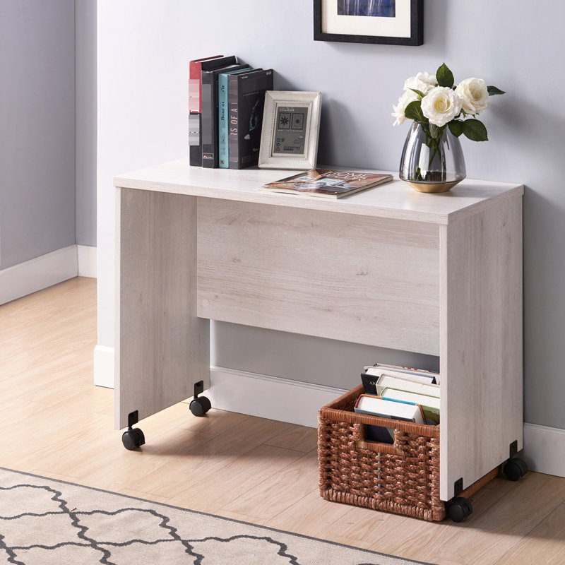 White Oak Mid-Century Desk With Four Wheeled Movement And Backside Enhancement Option On Rollable Wheels Modesty Panel