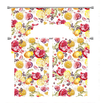  Motif de polyester européen agrumes et baies, multicolore, 1 pièce de 60 po x 18 po, 2 pièces de 30 po x 36 po, rideau décoratif de fenêtre de cuisine avec passe-tringle et cantonnière