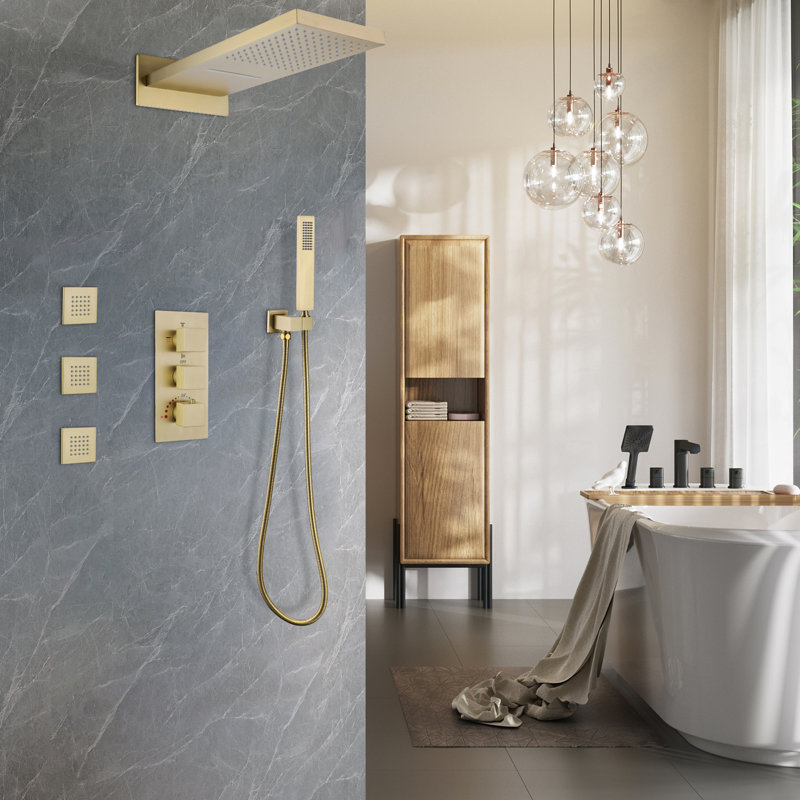 Thermostatic All-In-One Kit with Rough in-Valve,  Brushed Gold