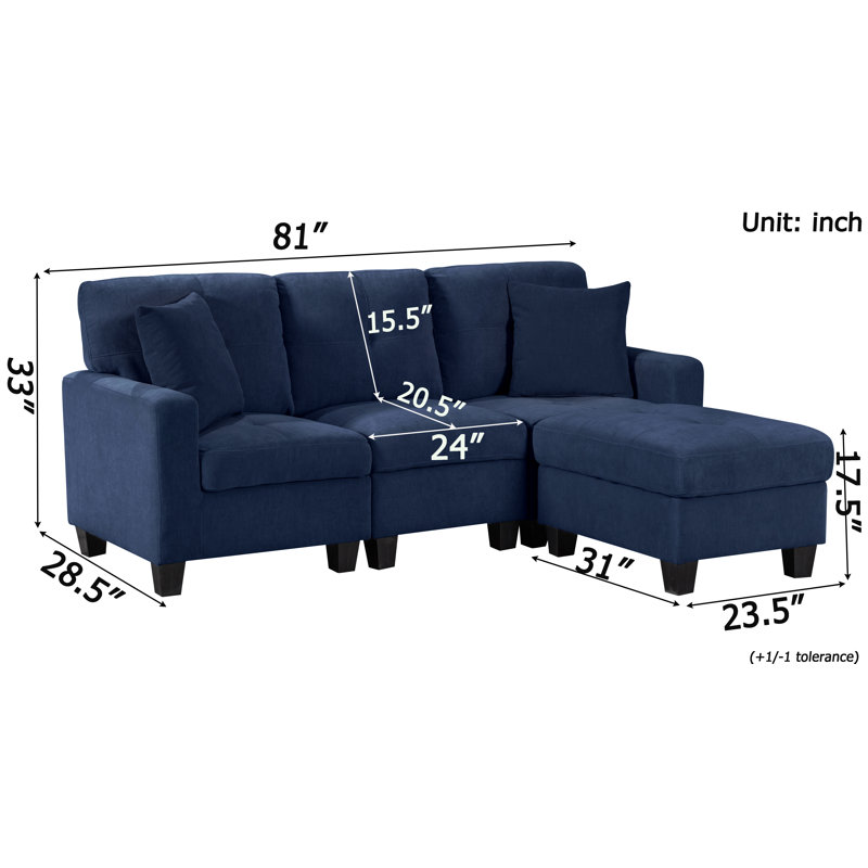 81" 4-Piece Upholstered Sofa with Storage Ottoman, Dark Blue Polyester
