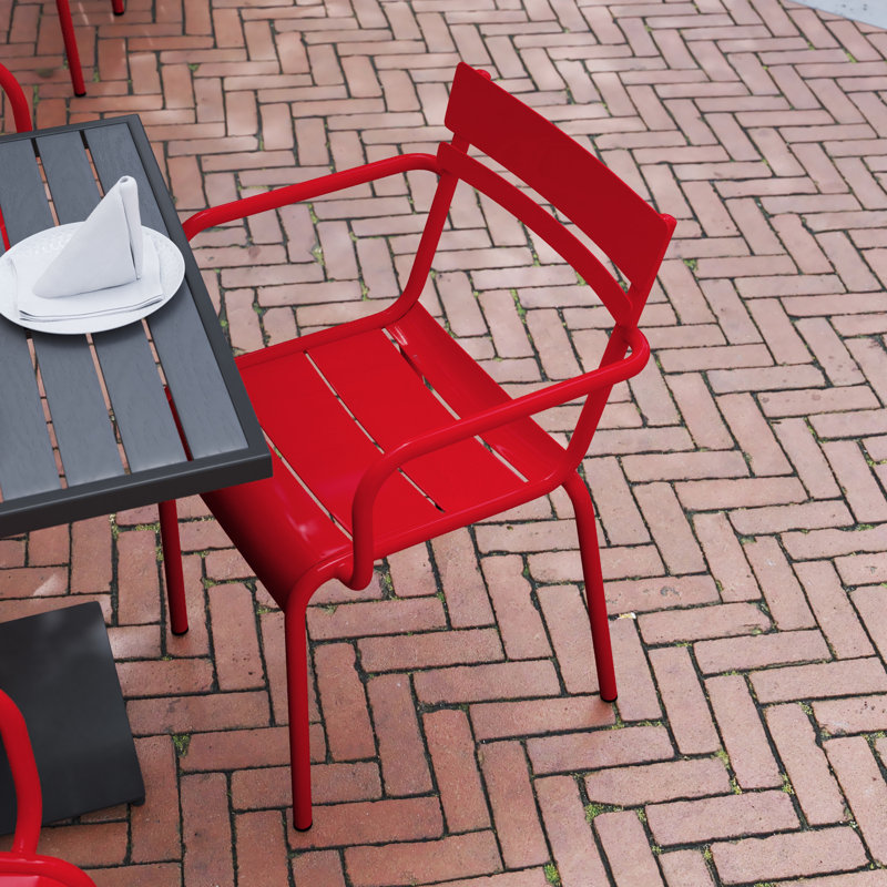 Melmack Commercial Grade Steel Indoor-Outdoor Stackable Chair with 2 Slats and Arms, Red, 2