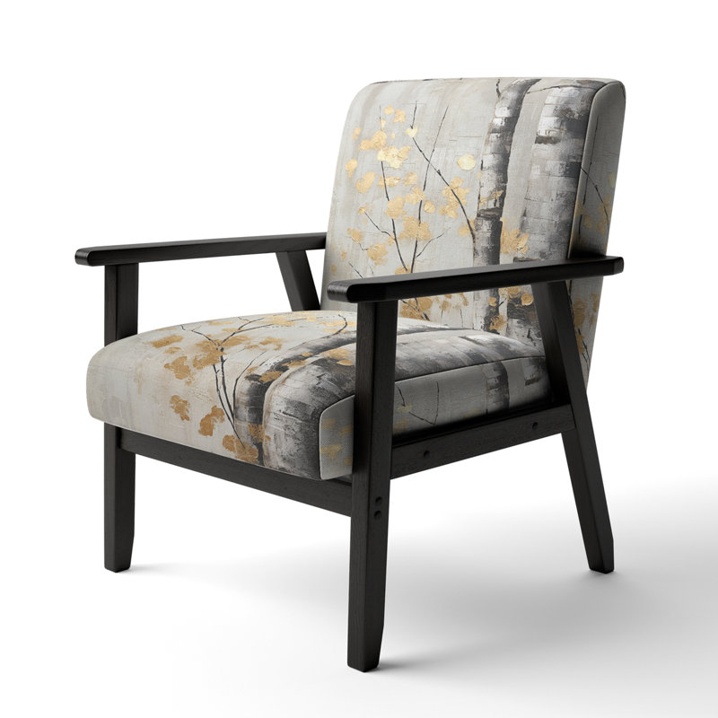 Tree Whispers Of Gray And Gold - Upholstered Scandinavian Arm Chair, Monochrome Nature Accent Chair, Black Square Arms
