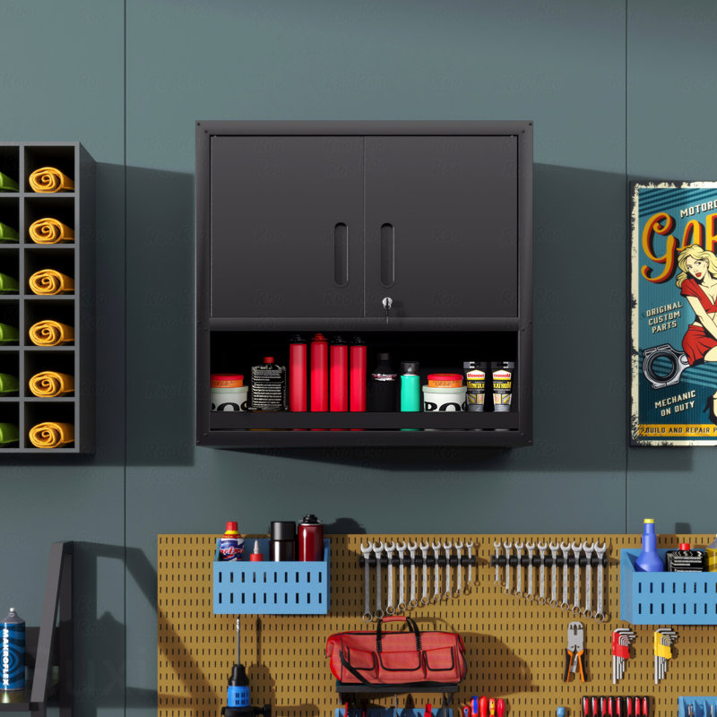 Armoire de rangement murale en métal avec porte verrouillable et 1 tablette 1 tiroir ouvert