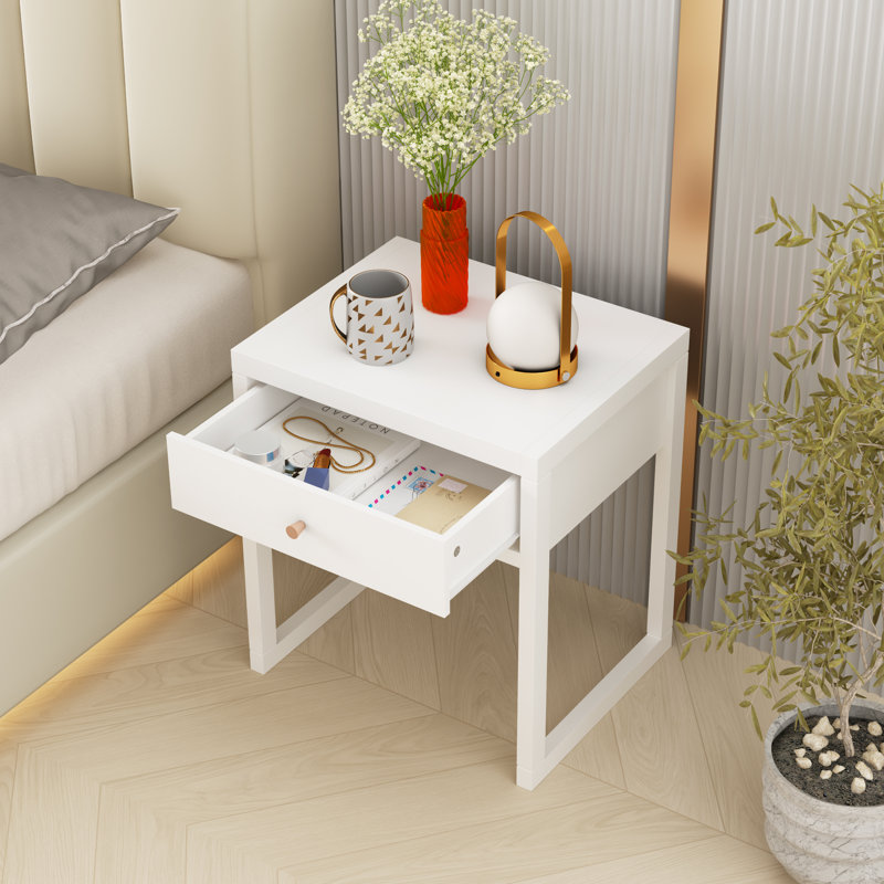 Modern White Nightstand With Drawer, Minimalist Bedside Table With Wood Knob, Compact End Table