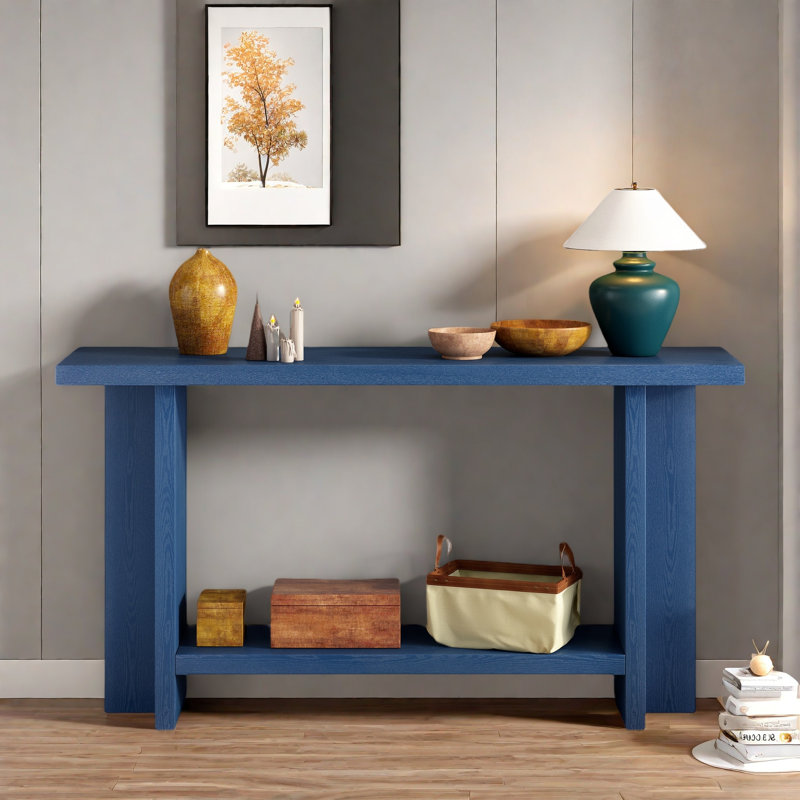 Vintage Console Table With T-leg Design And 2-tier Structure, Navy Blue