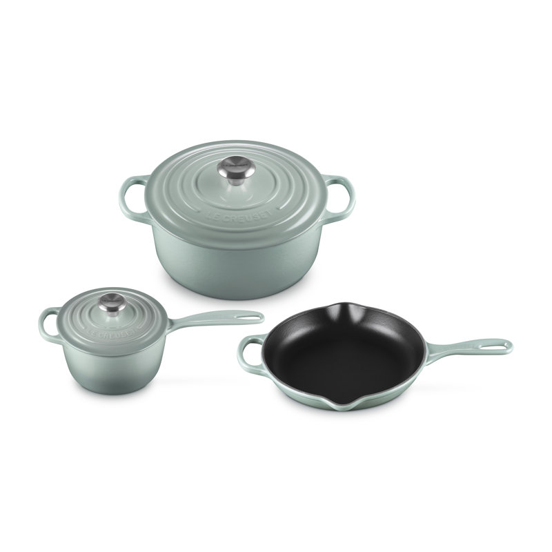 Le Creuset Signature Cast Iron 5 Piece Set, Sea Salt (5.5 Qt. Sig. RDO, 1.75 Qt. Sig. Saucepan, 9" Sig. Skillet)