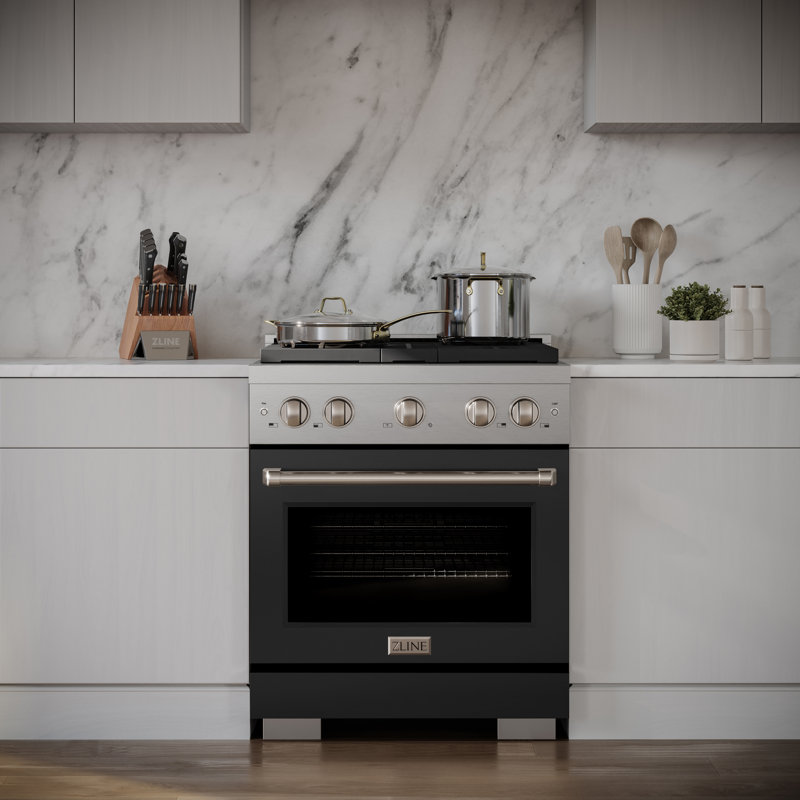 Zline 30 In. 4 Burner Gas Range With Convection Gas Oven In Stainless Steel With Black Matte Door