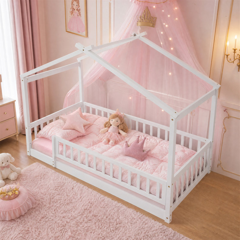Structure de lit simple en bois avec garde-corps et lattes, blanc, Twin, Blanc