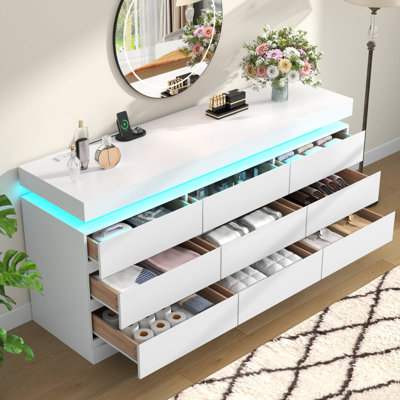 White Modern 9-Drawer Dresser with LED Lights