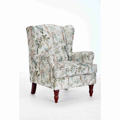 Modern Accent Chair With Retro Wood Legs, Comfy Upholstered Armchair, Floral Design Single Sofa Chair For Living Room Bedroom Office