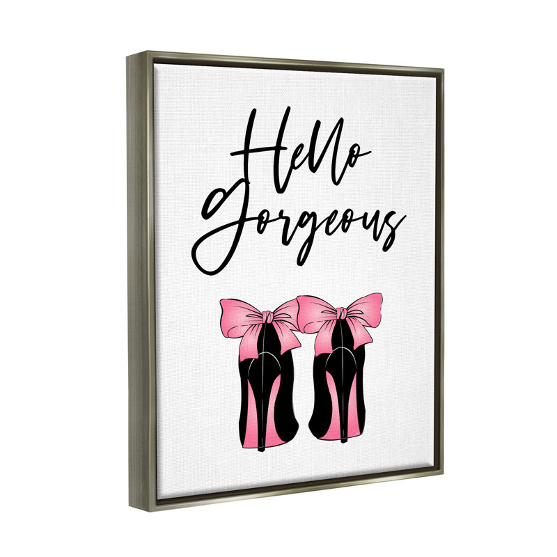«Hello Gorgeous Pink Bow Heels» par Martina Pavlova, impression, H 21 po x l 17 po x P 1,7 po, Cadre flottant gris lustré