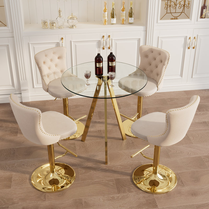 Ensemble de hauteur de bar, table de salle à manger ronde en verre trempé et chaises de salle à manger réglables en velours.
