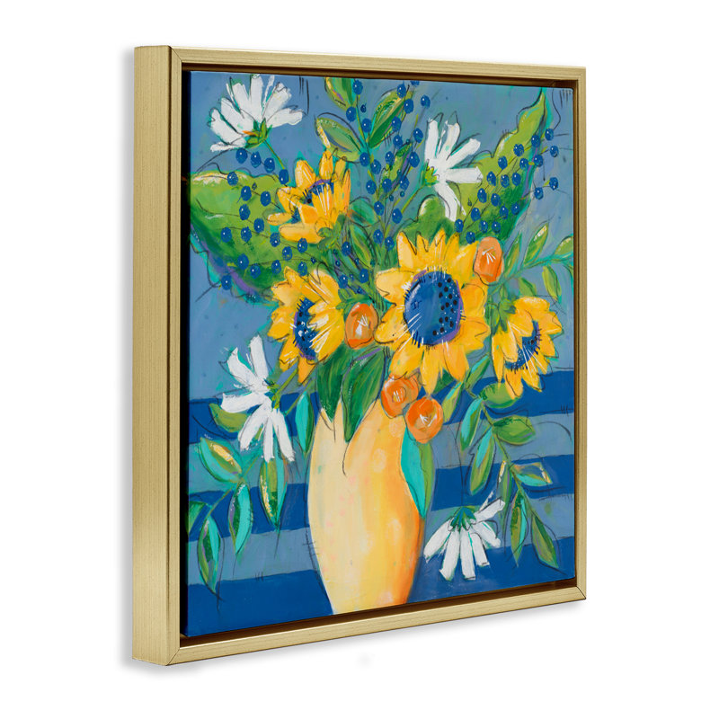 Éclats floraux parmi le cadre flottant bleu, design par Krinlox, H 25 po x l 25 po, Cadre flottant métallique doré