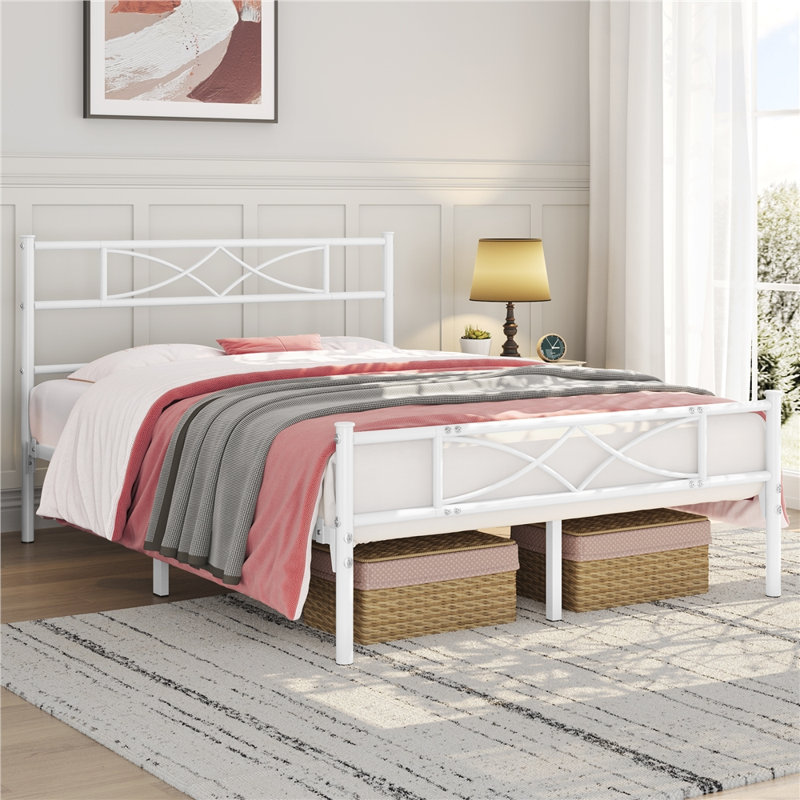 Simple Metal Bed Frame with Curved Design Headboard and Footboard, Kingsize (5'), White