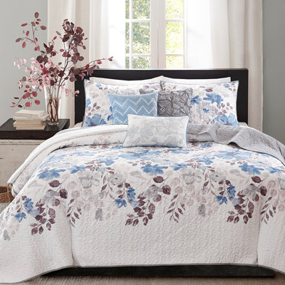 Literie 6 pièces, très grand / très grand, bleu, motif floral à l'aquarelle, texture réversible à lisse, microfibre, pièce de courtepointe très grande taille, impression thématique, décoration