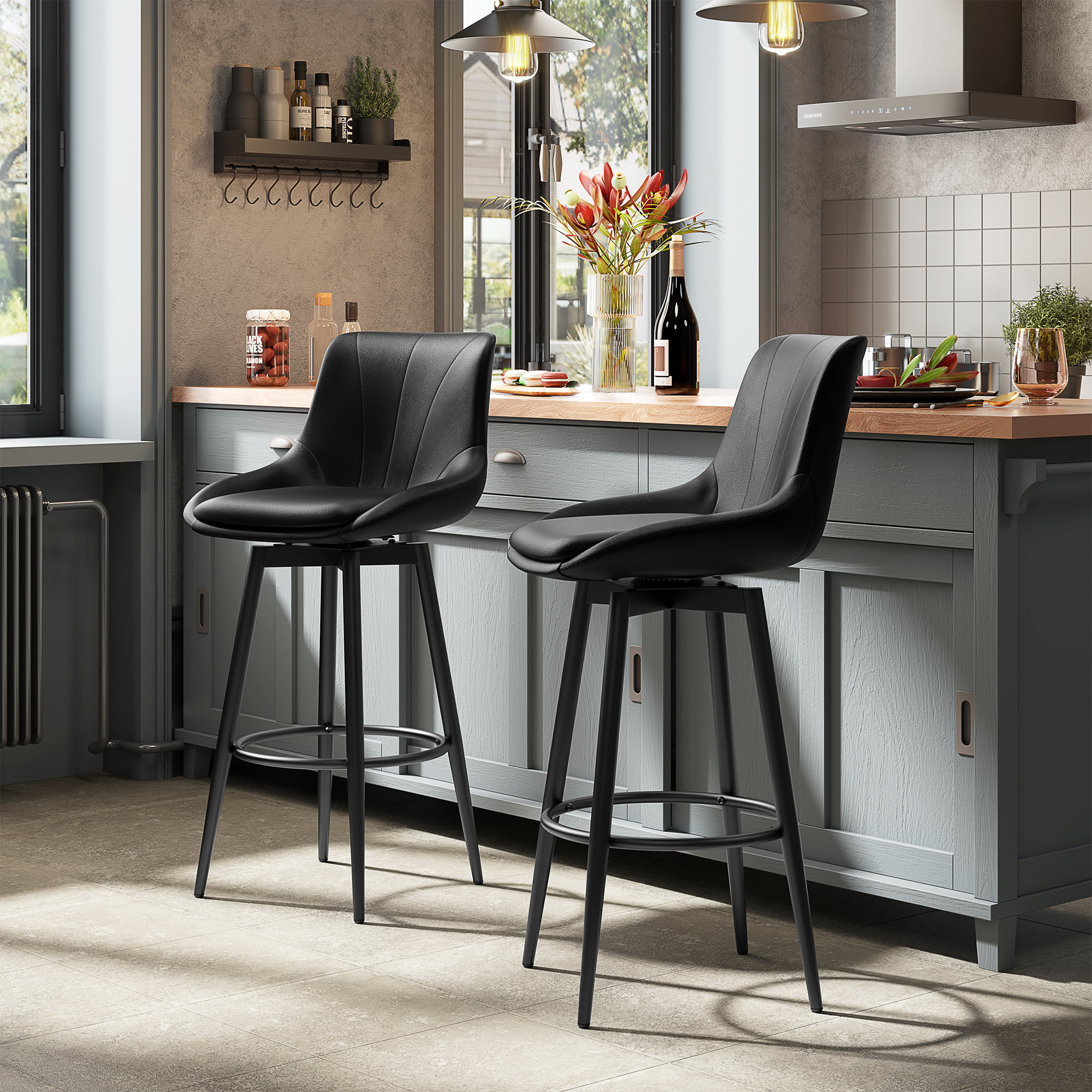 George Oliver PU Leather Swivel Bar Stools,Upholstered Height Counter ...