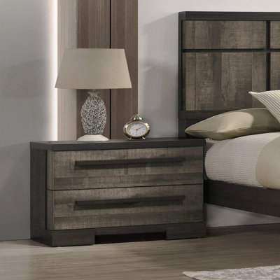 Table de chevet à 2 tiroirs, mobilier de chambre contemporain en bois à finition grise et brun