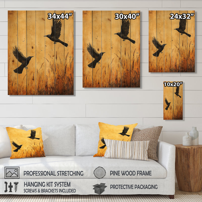 Dark Crows In The Cornfield IV - Bird Wood Wall Decor - On Natural Pine Wood, 32" H x 24" W x 0.78" D